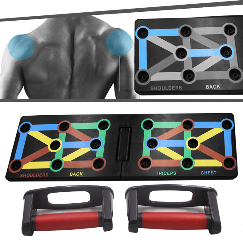 Push-up board laid flat with colour-coded positions and two handles