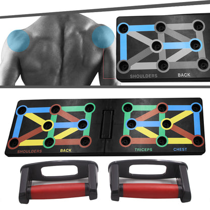 Push-up board laid flat with colour-coded positions and two handles