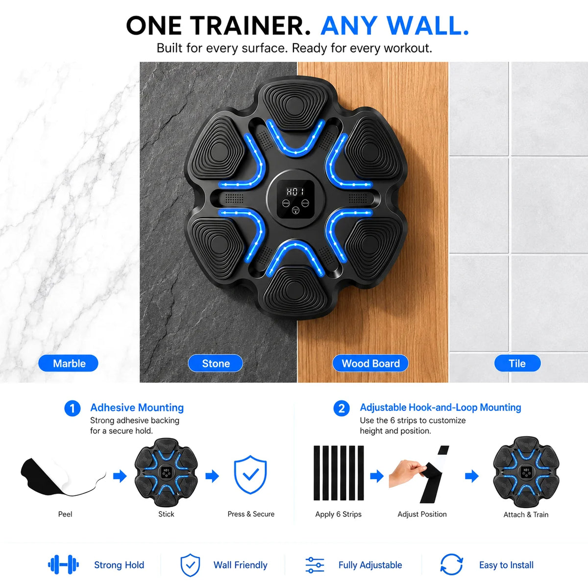 No-drill wall mounting with adhesive and hook-and-loop strips