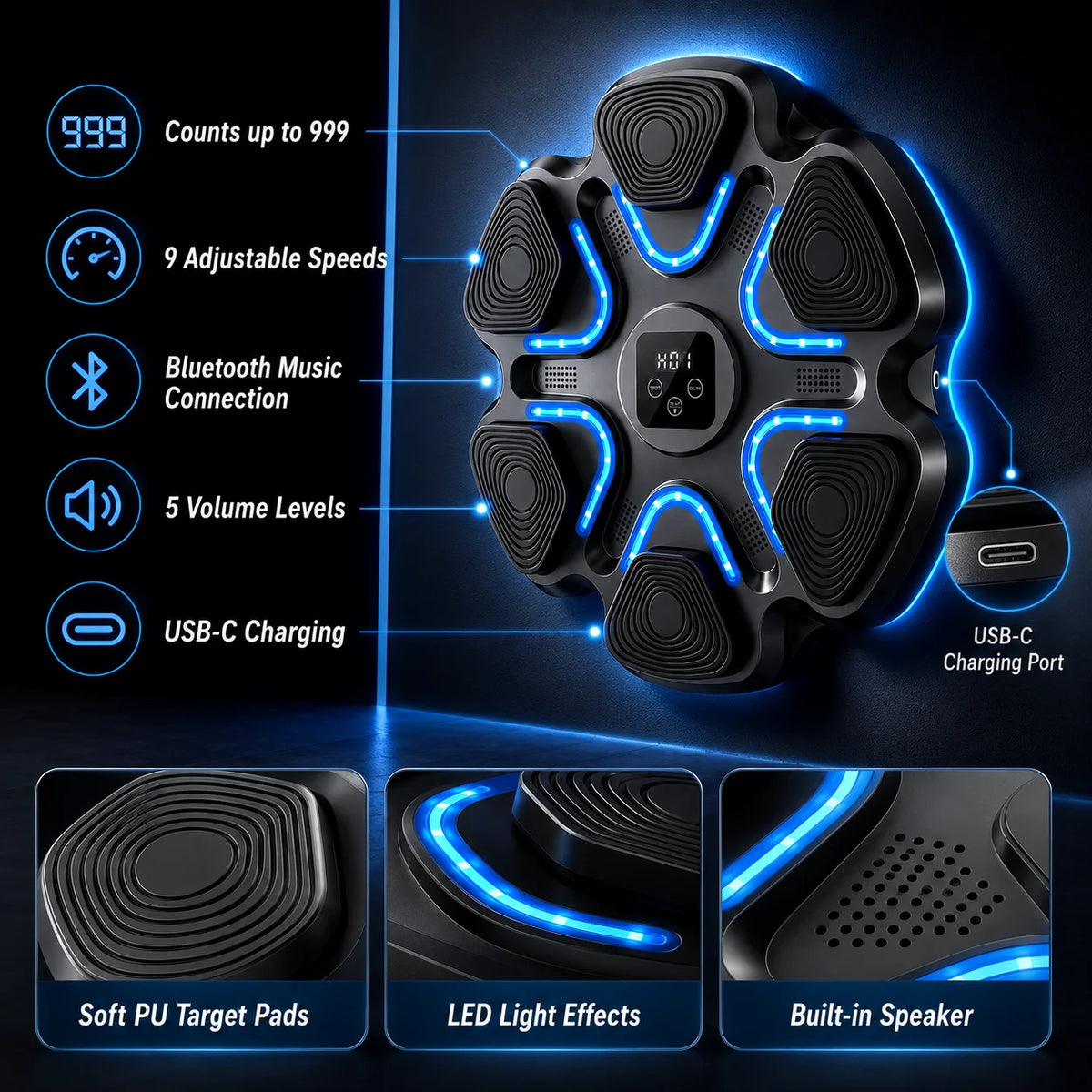 Counts up to 999 hits, 5 volume levels, USB-C charging, built-in speaker